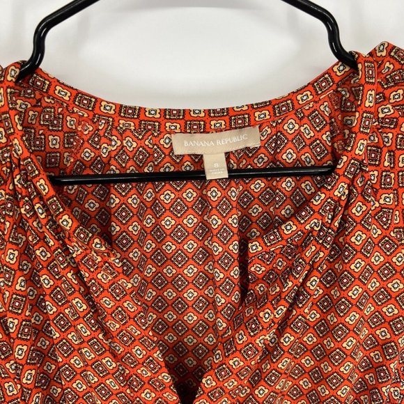 Banana Republic Dress Orange Printed V Neck Long Sleeve Tie Waist - Picture 3 of 11